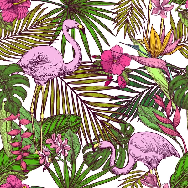 Tropical Seamless Pattern Pink Flamingo Exotic Flowers Palm Leaves White — Stock Vector