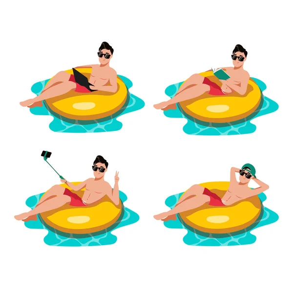 Happy young guy swiming on yellow inflatable ring in swimming pool. Vector flat cartoon illustration set, isolated on white background. Summer beach vacation design elements