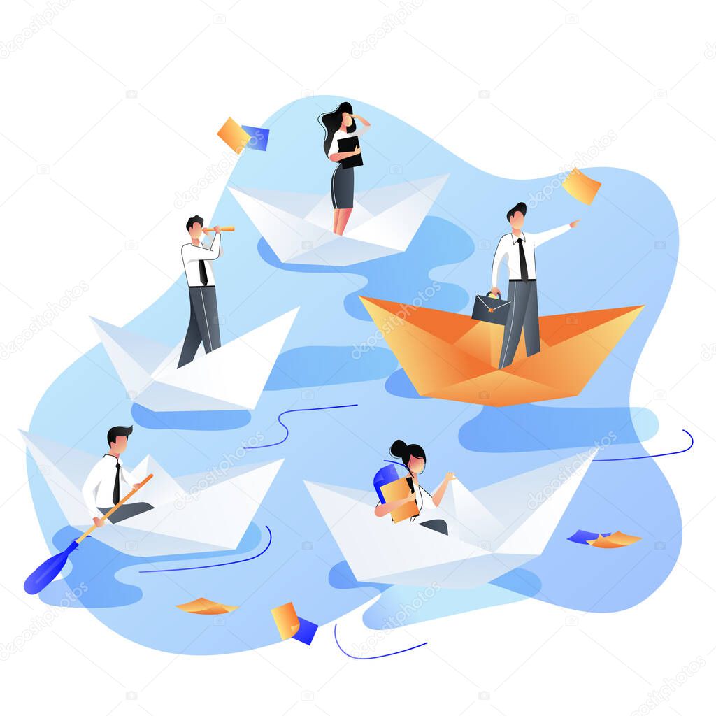 Leadership, career and success business concept. Businessmen people sailing by four white and one red paper ship or boats. Vector trendy flat illustration.