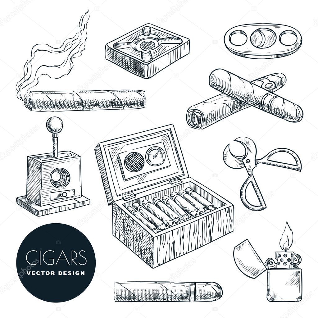 Cuban cigars and accessories vector vintage sketch illustration. Tobacco smoking hand drawn icons set, isolated on white background.