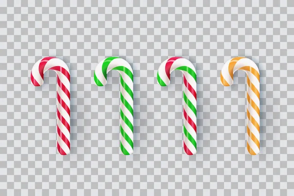 圣诞节现实的条纹棒棒糖集合在透明的背景下孤立 病媒3D甜蜜的传统礼物插图 假日Xmax装饰设计元素 — 图库矢量图片