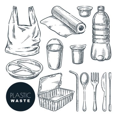 Plastik atık, vektör çizimi. El çizimi çöp ve çöp eşyaları, beyaz arka planda izole edilmiş. Geri dönüşümsüz madde ve malzeme simgeleri ayarlandı. Çevre konseptinin plastik kirliliği.