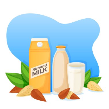 Pakette badem sütü, şişe ve bardak, vektör düz çizgi film çizimi. Sağlıklı vejetaryen beslenme içeceği. Ev yapımı taze içecek etiketi veya etiket tasarımı şablonu.