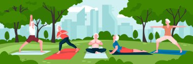 Yeşil şehir parkında yoga ve meditasyon yapan son sınıf kadınları. Vektör düz çizgi film çizimi. Yaşlı kadınların aktif sağlıklı yaşam tarzı kavramı.