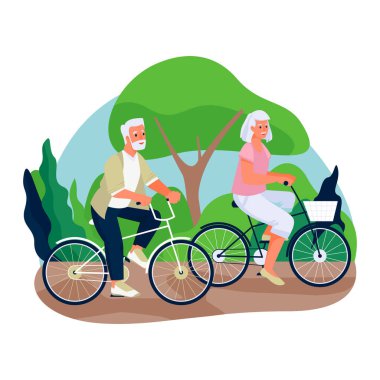 Yaşlı çift kırsalda bisiklet sürerler. İlkbahar ya da yaz tatilinin düz çizgi film çizimi. Yaşlıların aktif sağlıklı yaşam tarzı kavramı.