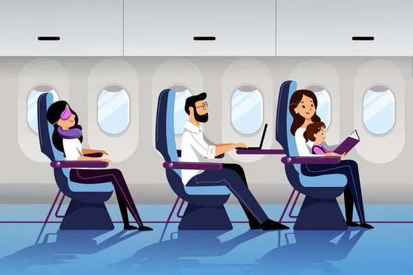 Les Gens Voyagent Avion Classe Économique Illustration Vectorielle Dessin Animé — Image vectorielle