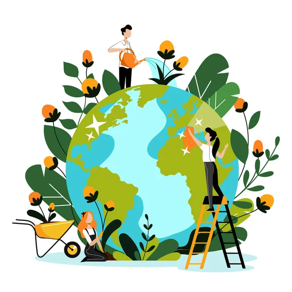 自然保护的概念 年轻的志愿者照顾地球和环境自然 矢量平面卡通画 浇灌和种植花卉的人 — 图库矢量图片