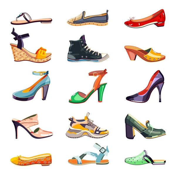 Femme Mode Élégantes Chaussures Icônes Éléments Design Ensemble Illustration Vectorielle — Image vectorielle