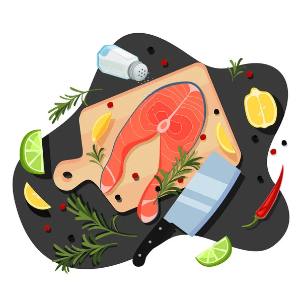 Koken Zalm Steak Vector Cartoon Bovenaanzicht Illustratie Zwarte Keukentafel Achtergrond — Stockvector