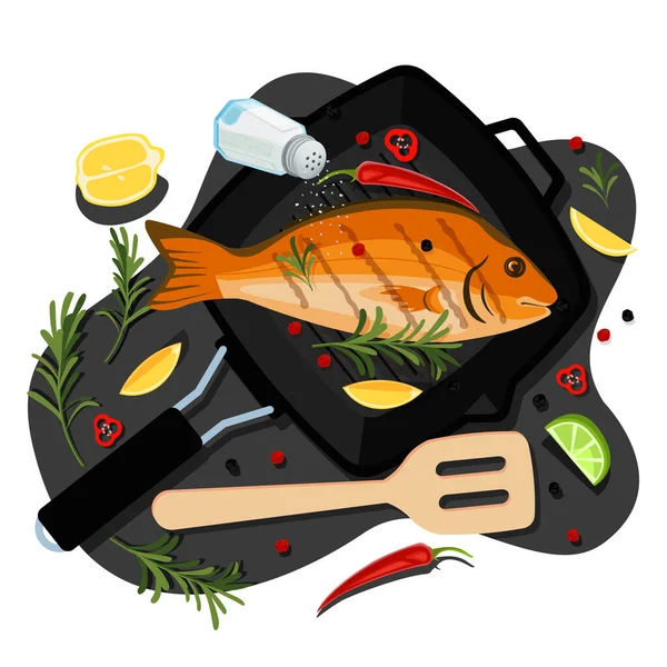 Cocinar Pescado Dorado Atún Trucha Vector Plano Ilustración Vista Superior — Vector de stock