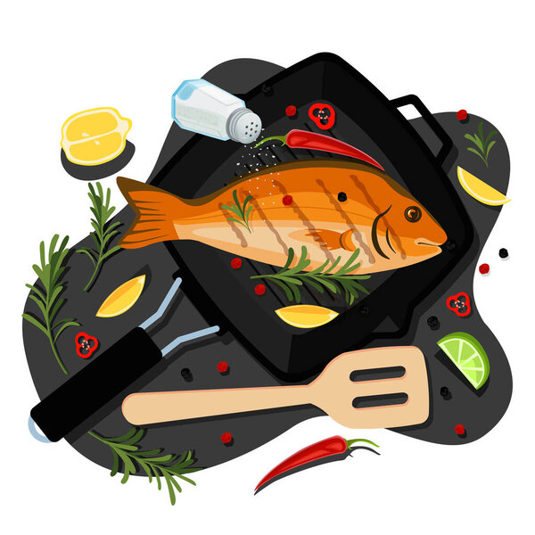 Cooking fish dorado, tuna, trout, vector flat cartoon top view illustration. Black grill pan with fried sea bream, spices and ingredients. Seafood restaurant menu design elements.