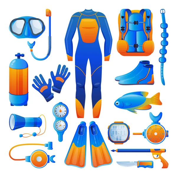 Duik Snorkeluitrusting Iconen Design Elementen Set Geïsoleerd Witte Achtergrond Vector — Stockvector