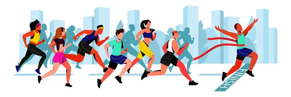 Ragazzo Vince Nella Maratona Cittadina Illustrazione Orizzontale Del Fumetto Piatto — Vettoriale Stock