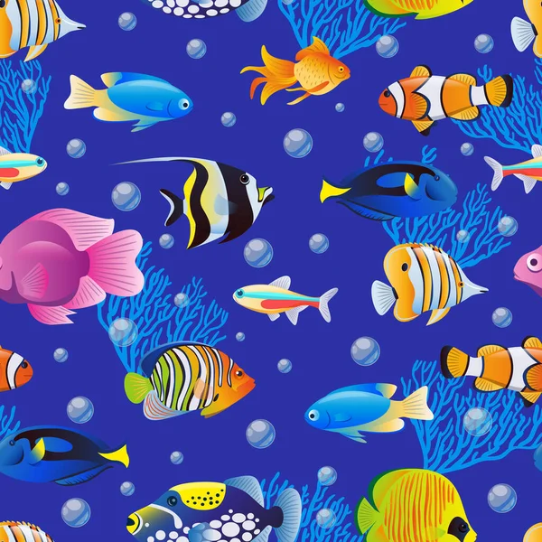 Collection Colorée Poissons Mer Mignons Sur Fond Eau Bleue Modèle — Image vectorielle