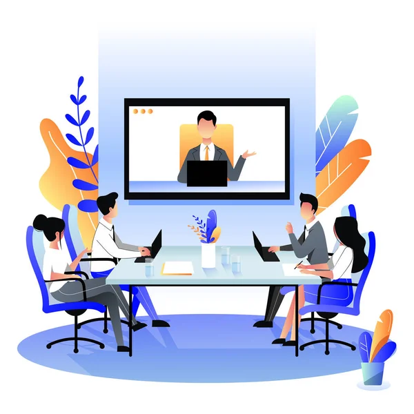 Een Groep Zakenmensen Bij Videoconferentie Bestuurskamer Vector Platte Cartoon Illustratie — Stockvector