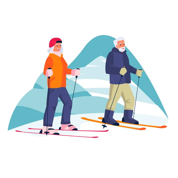 Idosos Esquiam Juntos Nas Montanhas Desenho Animado Plano Vetorial Ilustração — Vetor de Stock