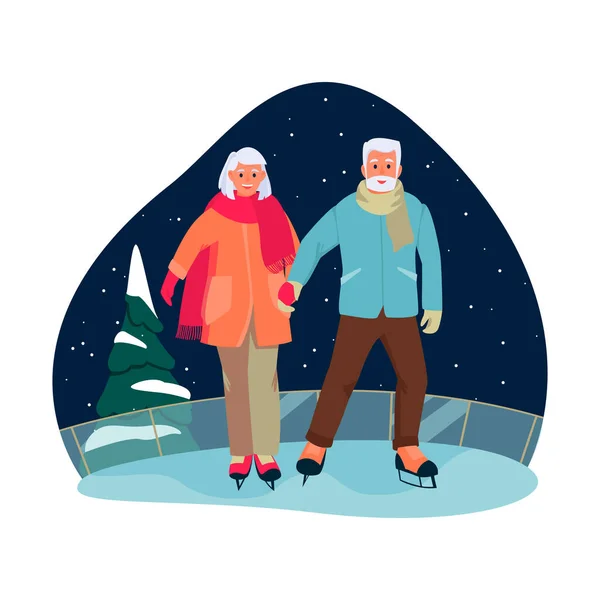 Ältere Paare Laufen Auf Der Eisbahn Schlittschuh Vektorflache Cartoon Illustration — Stockvektor