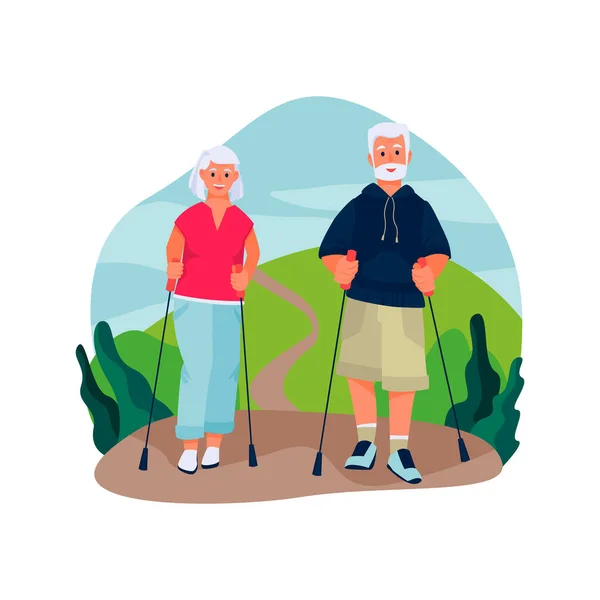 Pareja Ancianos Nórdicos Caminando Por Las Montañas Dibujos Animados Planos — Vector de stock