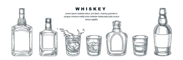 Botellas Whisky Vidrio Con Bebidas Hielo Ilustración Bocetos Vectoriales Bebidas — Vector de stock