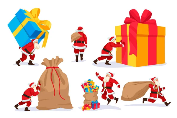 Santa Claus Velkými Dárkovými Krabicemi Pytli Izolované Bílém Pozadí Vánoční — Stockový vektor