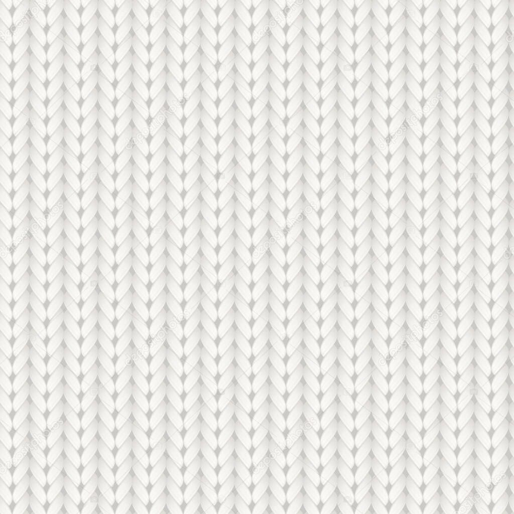 Knitted vector seamless pattern. White merino wool knit texture. Realistic warm and cozy handmade knitting background.