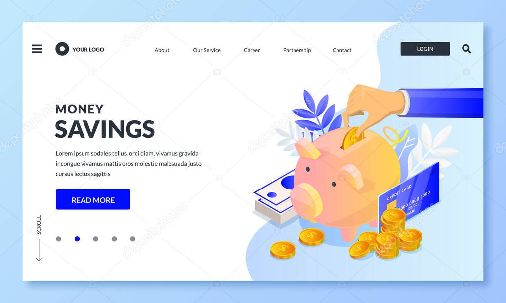 Money savings business concept. Vector 3d isometric illustration. Human hand putting money to piggybank surrounded by coins and credit card. Economy or charity donation banner poster design template