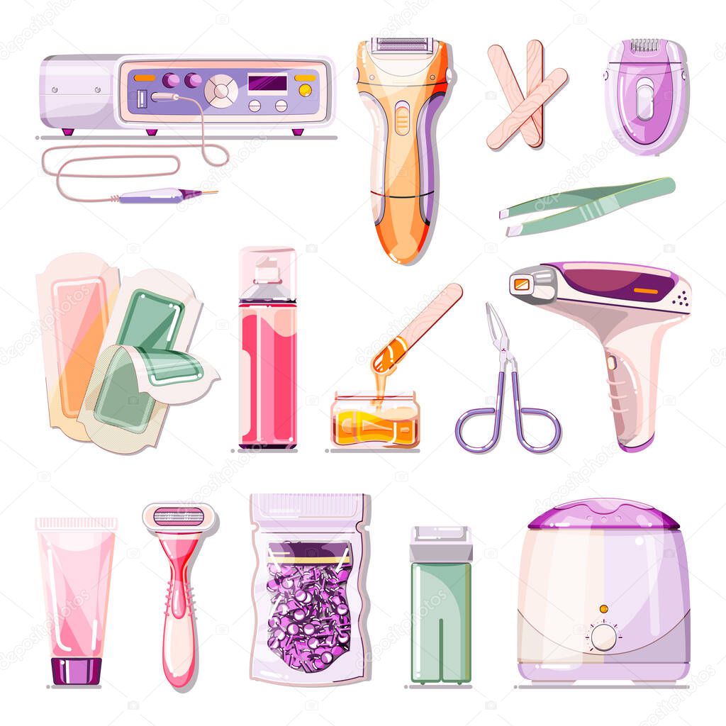 Hair removal methods vector cartoon illustration. Beauty salon epilation and depilation icons set. Body care and cosmetology treatment design elements.