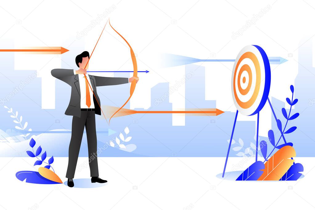 Business goal achievement concept. Vector flat cartoon illustration. Successful businessman aiming target with bow and arrow.