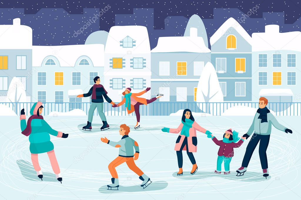 Happy young people skating. Couple, kids and family spend time on ice rink. Vector flat cartoon illustration. Outdoor winter leisure activity and seasonal sport concept.