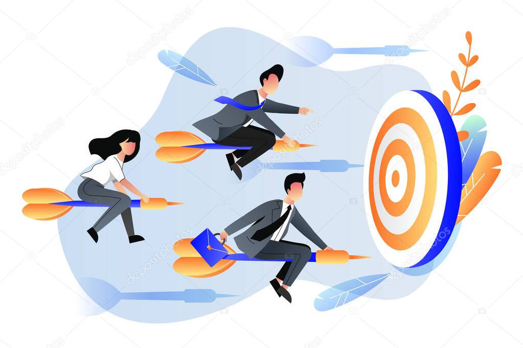 Business goal achievement concept. Vector flat cartoon illustration. Business people fly on darts arrows towards the goal.