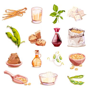 Soya fasulyesi ve soya besin vektörü karikatür çizimi. Vejetaryen ürün ikonları ve tasarım elementleri. Soya sütü, tofu, lahanalar, et, beyaz arka planda izole edilmiş..