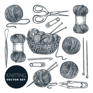 Knitting tools and wool yarn set, isolated on white background. Vector hand drawn sketch illustration. Craft and handmade needlework design elements. Fashion hobby outline icons. clipart