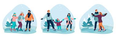 Mutlu aileler ve buz pateni pistinde kayan çiftler. Açık hava eğlence aktivitelerinin karikatür çizimi. Mevsimlik bayrak ya da etiket seti.