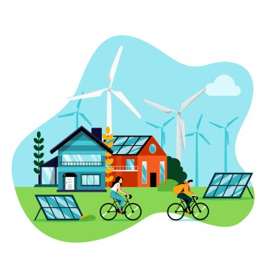 Yeşil şehir manzarası. Beyaz arkaplanda izole edilmiş Dünya Günü vektör çizimini kaydet. Doğa ve ekolojinin korunması. Alternatif enerji jeneratörleri, güneş panelleri ve modern binalar.