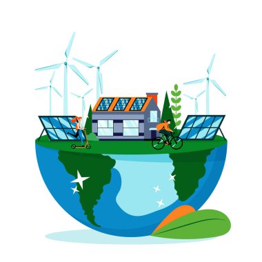 Dünya 'nın yüzeyindeki yeşil manzara. Beyaz arkaplanda izole edilmiş Dünya Günü vektör çizimini kaydet. Doğa koruma. Alternatif enerji jeneratörleri, güneş panelleri ve eko ev