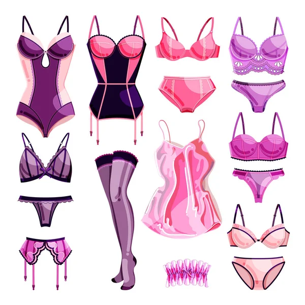 Femme Mode Élégante Dentelle Icônes Lingerie Éléments Design Ensemble Illustration — Image vectorielle