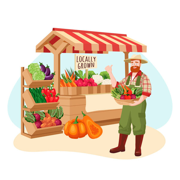 Farm market vector flat cartoon illustration. Farmer sells locally grown fresh vegetables. Healthy organic grocery food shop concept.