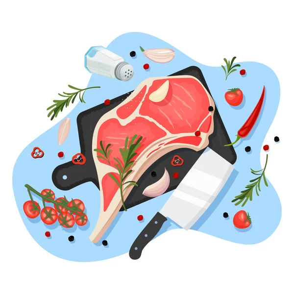 Koken Rundvlees Biefstuk Vector Cartoon Bovenaanzicht Illustratie Zwart Grafiet Snijplank — Stockvector