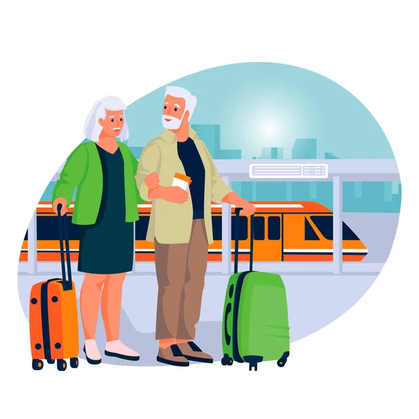 Los Ancianos Viajan Tren Alta Velocidad Dibujos Animados Planos Vectoriales — Archivo Imágenes Vectoriales