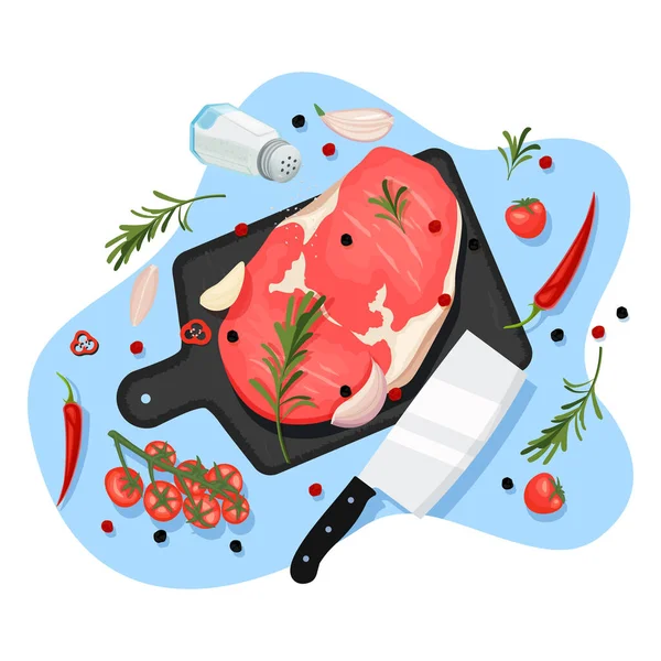 Koken Rundvlees Filet Vector Cartoon Bovenaanzicht Illustratie Zwart Grafiet Snijplank — Stockvector