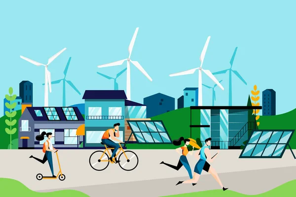 エコシティとエコリビングのコンセプト 小さな町で緑のエネルギー 太陽光パネルや風力タービンの近代的な技術 ベクトルフラット漫画イラスト 自転車や木と街の風景 — ストックベクタ