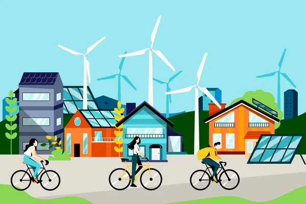 近代的な建物 自転車 太陽光パネルや風力タービンと緑の都市景観 エコ都市生活と環境保全の概念 ベクトルフラット漫画イラスト — ストックベクタ