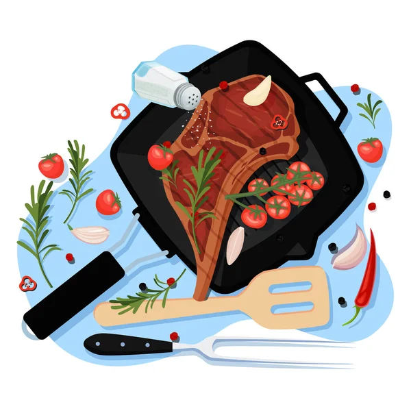 Koken Rundvlees Biefstuk Vector Cartoon Bovenaanzicht Illustratie Zwarte Grillpan Met — Stockvector