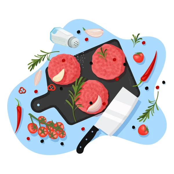 Koken Koteletten Voor Hamburger Vector Cartoon Bovenaanzicht Illustratie Zwart Grafiet — Stockvector