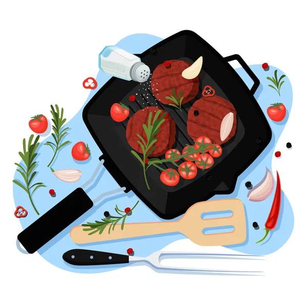 Koken Koteletten Voor Hamburger Vector Cartoon Bovenaanzicht Illustratie Zwarte Grillpan — Stockvector