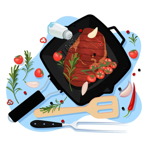 Koken Rundvlees Filet Vector Cartoon Bovenaanzicht Illustratie Zwarte Grillpan Met — Stockvector