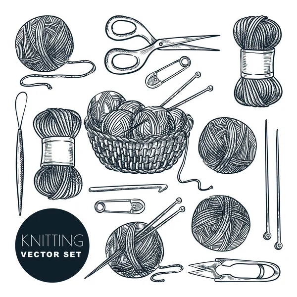 Knitting Tools Wool Yarn Set Isolated White Background Vector Hand — Stock Vector