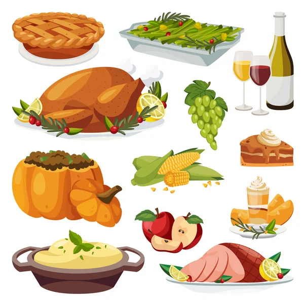 Thanksgiving Vakantie Menu Design Elementen Vector Platte Cartoon Illustratie Traditionele — Stockvector