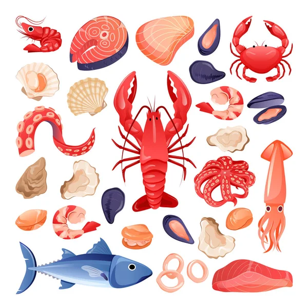 Seafood Fresh Raw Fish Set Vector Flat Cartoon Illustration Food — Stock Vector