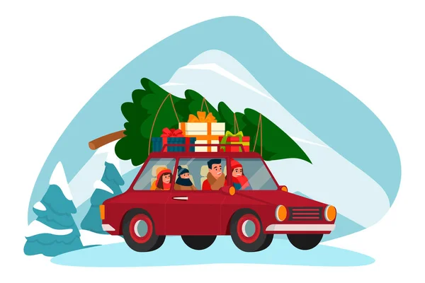 Glückliche Familie Mit Zwei Kindern Fährt Auf Rotem Auto Mit — Stockvektor